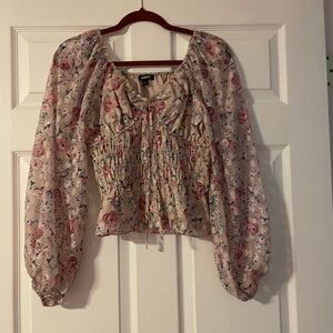 Express Floral Smocked Blouse - Pink and Cream